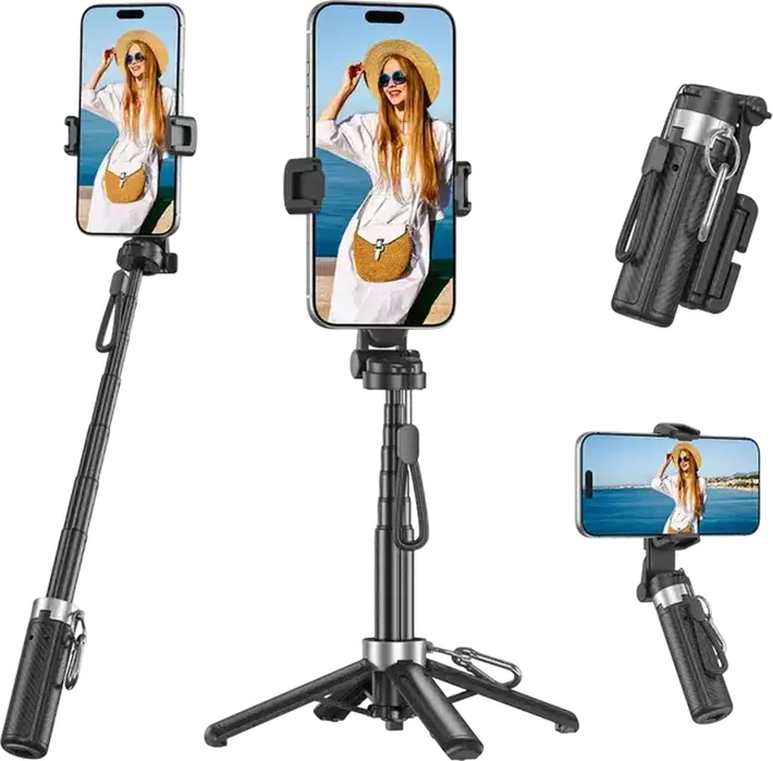 Tripod Portabil si Selfie Stick XO SS29, Negru, Lungime Extinsa 64cm, Aluminiu si ABS, Telecomanda Bluetooth, Clip Carabiner, Pliabil cu Textura Fibra de Carbon