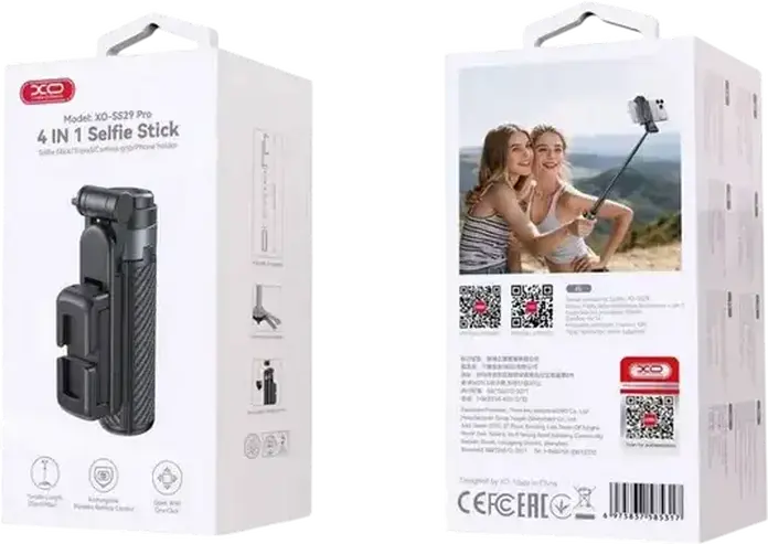 Tripod Portabil si Selfie Stick XO SS29, Negru, Lungime Extinsa 64cm, Aluminiu si ABS, Telecomanda Bluetooth, Clip Carabiner, Pliabil cu Textura Fibra de Carbon