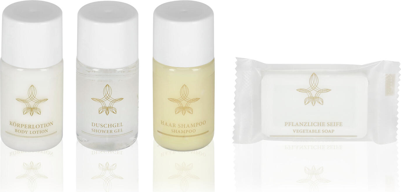 Set de 4 piese Cosmetice de Hotel V-Touch Klassik - Gel de Dus, Sampon, Lotiune de Corp, Sapun Vegetal - Testat Dermatologic