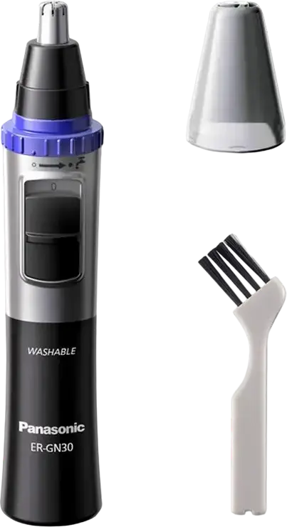 Trimmer Panasonic ER-GN30 pentru nas și urechi, lame din oțel inoxidabil, lavabil, alimentat cu baterii AA, set de 3 piese cu capac și perie