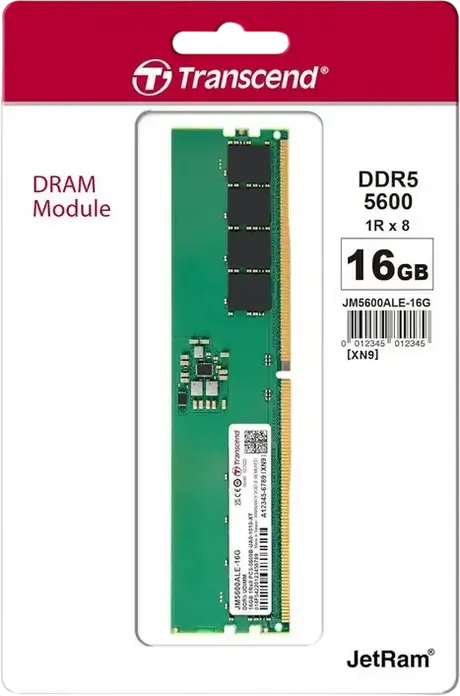 Memorie RAM Transcend JetRam JM5600ALE-16G 16GB DDR5 5600 MHz CL46 1.1V 288-Pin Unbuffered Long-DIMM cu On-die ECC si PMIC pentru PC