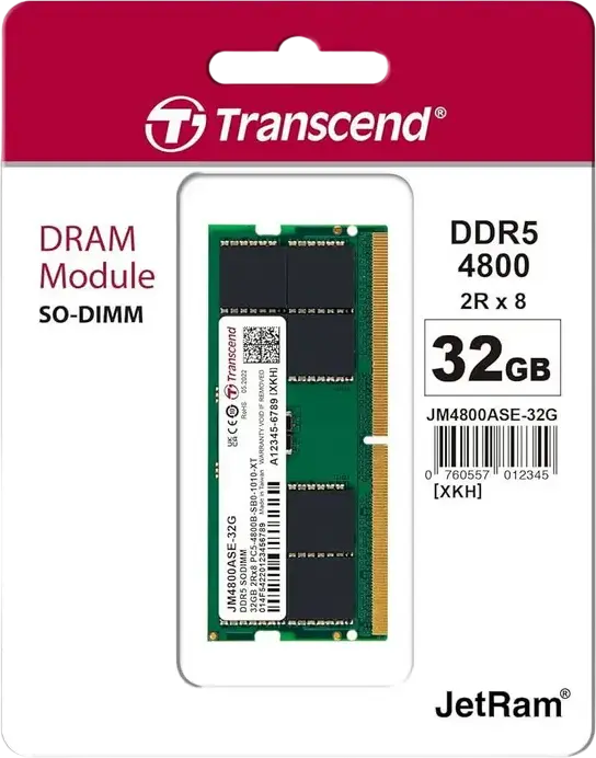 Модуль памяти Transcend JetRam JM4800ASE-32G 32GB DDR5 4800MHz PC5-38400 CL40 1.1V ECC Unbuffered SO-DIMM для ноутбука, набор из 1 предмета