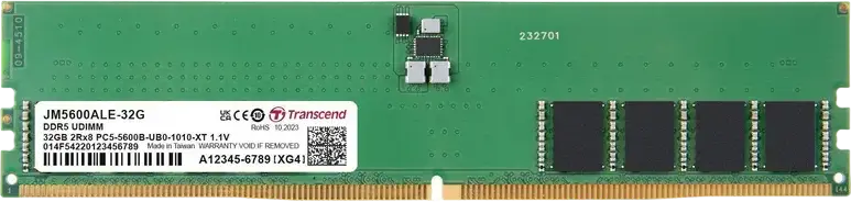 Transcend JetRam JM5600ALE-32G 32GB DDR5 5600MHz PC Memory Module, 288-pin UDIMM, CL46, 1.1V, Dual-Rank, On-die ECC, PMIC