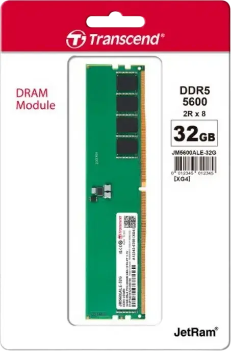 Transcend JetRam JM5600ALE-32G 32GB DDR5 5600MHz PC Memory Module, 288-pin UDIMM, CL46, 1.1V, Dual-Rank, On-die ECC, PMIC
