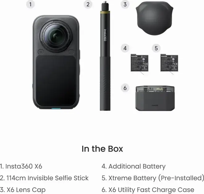 Insta360 X6 Essentials Bundle, Video 360 8K 50fps, Foto 120MP, 64GB, Impermeabilizare IP68 20m, Ecran OLED, Set de 5 piese