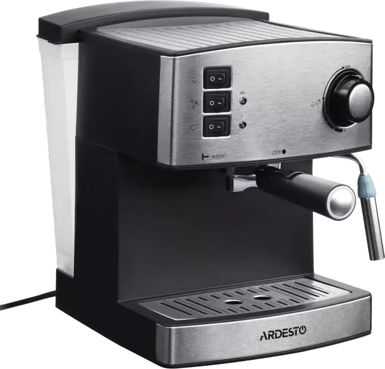 aparat de cafea espresso manual Ardesto YCM-E1600, pompa italiana 15 bar, 850W, rezervor apa 1.6L, otel inoxidabil, gri, cu spumator de lapte
