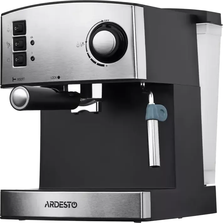 aparat de cafea espresso manual Ardesto YCM-E1600, pompa italiana 15 bar, 850W, rezervor apa 1.6L, otel inoxidabil, gri, cu spumator de lapte