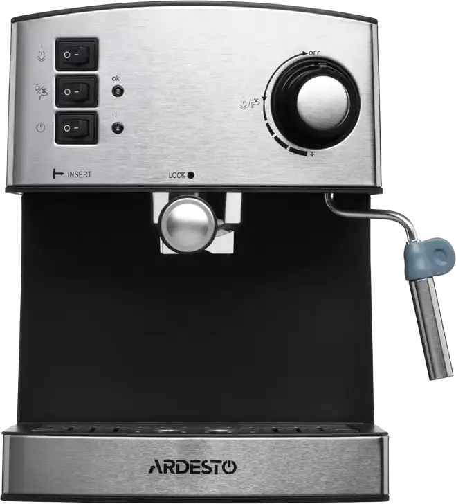 aparat de cafea espresso manual Ardesto YCM-E1600, pompa italiana 15 bar, 850W, rezervor apa 1.6L, otel inoxidabil, gri, cu spumator de lapte