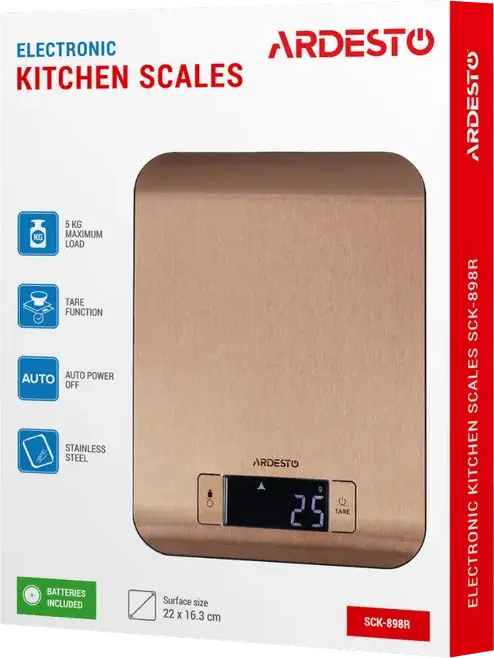 Ardesto SCK-898R Electronic Kitchen Scale, Stainless Steel Platform, 5kg Max Weight, 1g Precision, LED Display, Tare Function, Bronze