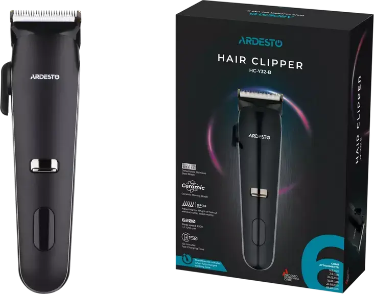 Ardesto HC-Y32-B Hair Clipper for Household Use, Stainless Steel Blades, 6 Length Modes 0.5-30mm, USB Battery Powered, Set of 6 Nozzles, Black