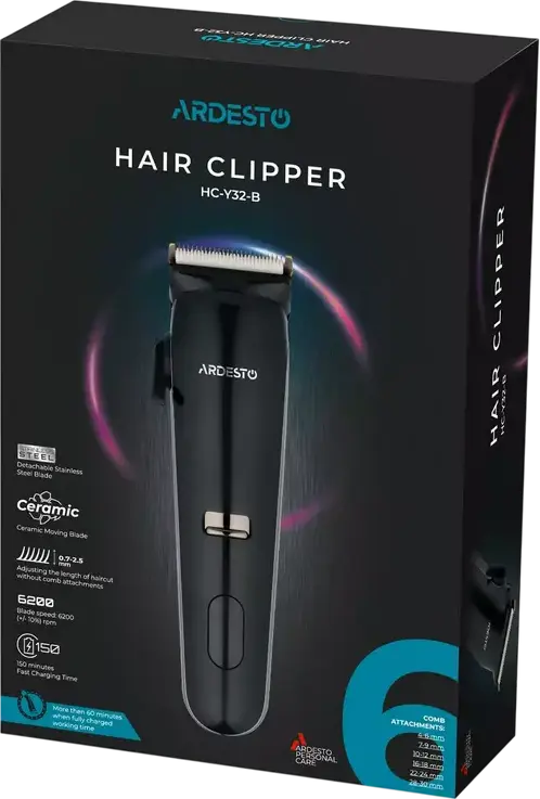 Ardesto HC-Y32-B Hair Clipper for Household Use, Stainless Steel Blades, 6 Length Modes 0.5-30mm, USB Battery Powered, Set of 6 Nozzles, Black