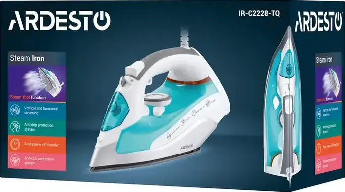 Утюг с паром Ardesto IR-C2228-TQ, 2200 Вт, керамическая подошва, резервуар 280 мл, паровой удар 120 г/мин, система антикапля, антинакипь, вертикальное отпаривание, синий/белый