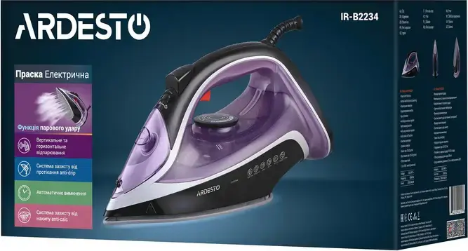 Ardesto IR-B2234 Steam Iron, 2400W, Ceramic Soleplate, 350ml Tank, 80g/min Steam Boost, Anti-drip, Anti-calc, Auto Shut-off, Violet