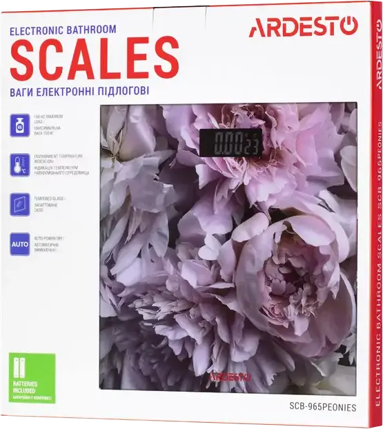 Электронные напольные весы Ardesto SCB-965PEONIES, закаленное стекло, макс. вес 150 кг, точность 0.05 кг, LED-дисплей, встроенный термометр, розовый