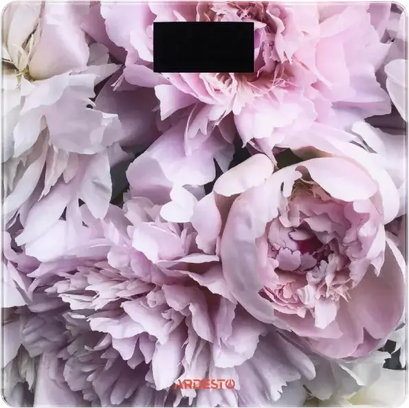 Электронные напольные весы Ardesto SCB-965PEONIES, закаленное стекло, макс. вес 150 кг, точность 0.05 кг, LED-дисплей, встроенный термометр, розовый