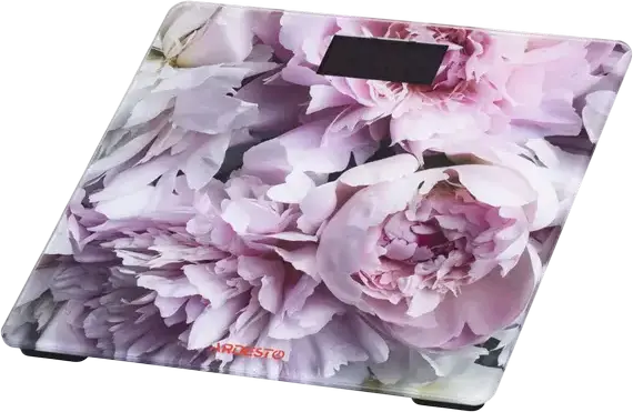 Электронные напольные весы Ardesto SCB-965PEONIES, закаленное стекло, макс. вес 150 кг, точность 0.05 кг, LED-дисплей, встроенный термометр, розовый