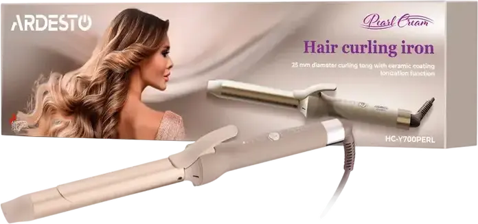 Ardesto HC-Y700PERL Pearl Cream Ceramic Round Curling Iron, 25mm Diameter, 48W, 4 Temperature Modes 160-220°C, Ionization, Auto Shut-off, Beige