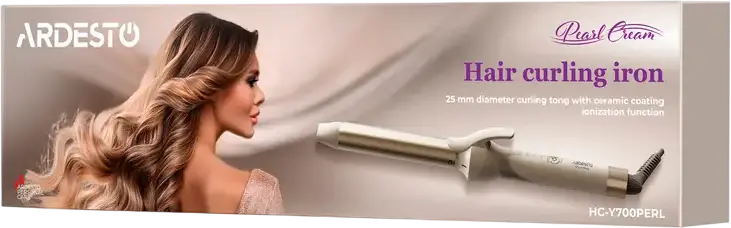 Ardesto HC-Y700PERL Pearl Cream Ceramic Round Curling Iron, 25mm Diameter, 48W, 4 Temperature Modes 160-220°C, Ionization, Auto Shut-off, Beige