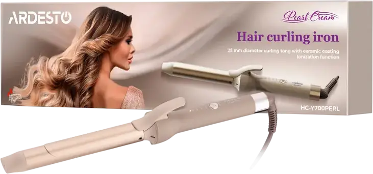 Ardesto HC-Y700PERL Pearl Cream Ceramic Round Curling Iron, 25mm Diameter, 48W, 4 Temperature Modes 160-220°C, Ionization, Auto Shut-off, Beige