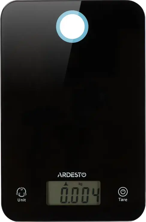 Cantar electronic de bucatarie Ardesto SCK-839B, platforma din sticla temperata, capacitate 5kg, precizie 1g, functie tara, afisaj digital, negru
