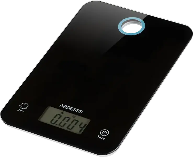 Cantar electronic de bucatarie Ardesto SCK-839B, platforma din sticla temperata, capacitate 5kg, precizie 1g, functie tara, afisaj digital, negru