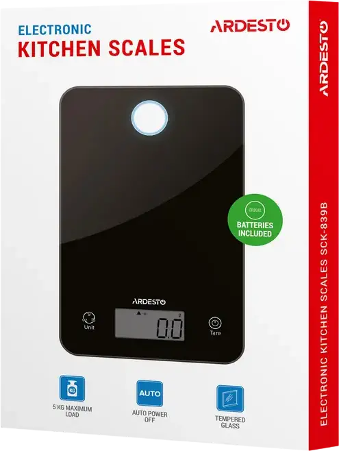 Cantar electronic de bucatarie Ardesto SCK-839B, platforma din sticla temperata, capacitate 5kg, precizie 1g, functie tara, afisaj digital, negru