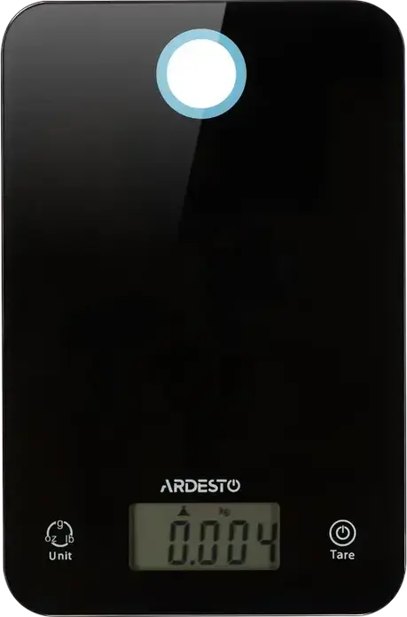 Cantar electronic de bucatarie Ardesto SCK-839B, platforma din sticla temperata, capacitate 5kg, precizie 1g, functie tara, afisaj digital, negru
