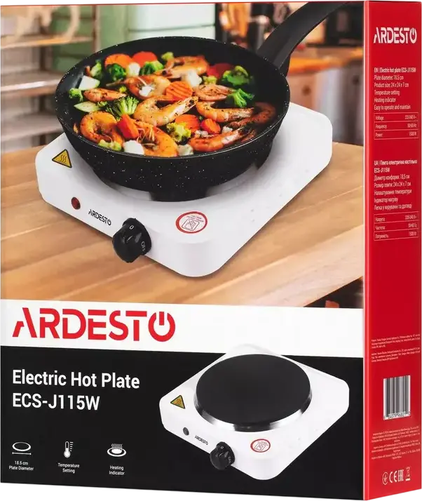 Ardesto ECS-J115W Mini Electric Hot Plate, 1500W, 1 Cooking Zone, Cast Iron Heating Element, Enameled Steel Surface, 5 Power Levels, White