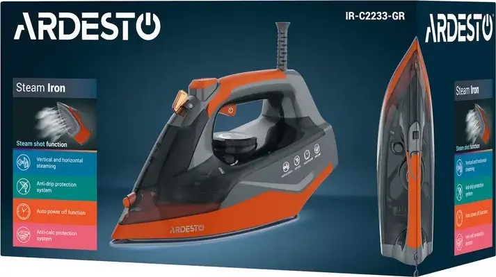 Ardesto IR-C2233-GR Steam Iron, 2200W, Ceramic Soleplate, 340ml Tank, Anti-Drip, Anti-Calc, Auto Shut-Off, Vertical Steam, Black/Orange