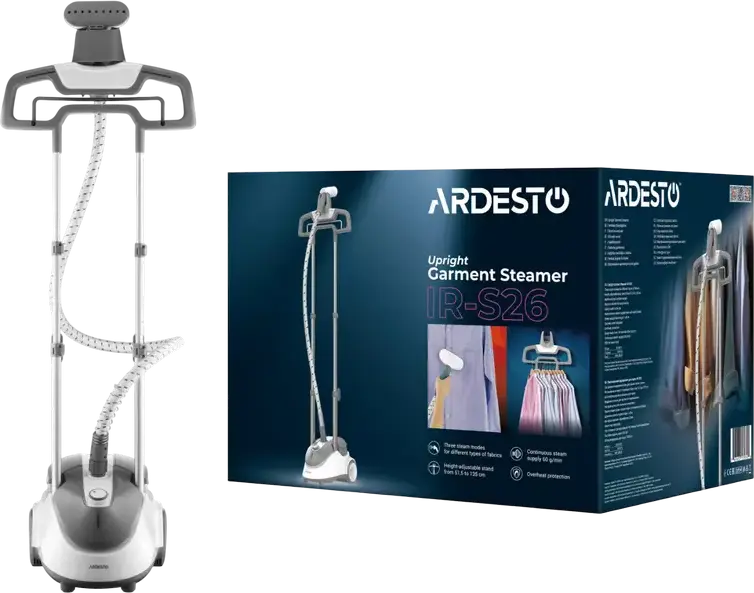 Aburitor vertical pentru haine Ardesto IR-S26, 1800W, rezervor apa 2600ml, flux abur 60g/min, 3 moduri abur, inaltime reglabila 81.5-135cm, Alb/Gri