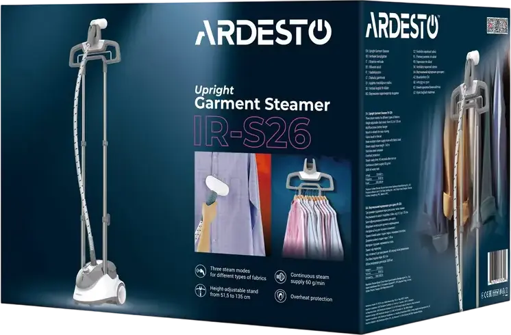 Aburitor vertical pentru haine Ardesto IR-S26, 1800W, rezervor apa 2600ml, flux abur 60g/min, 3 moduri abur, inaltime reglabila 81.5-135cm, Alb/Gri