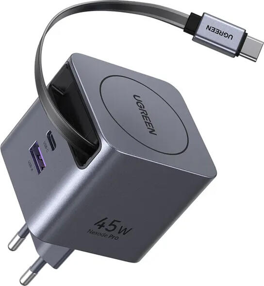 UGREEN X614 Nexode Pro 45W GaN Wall Charger, 3-Port USB-C and USB-A, Integrated 0.7m Retractable USB-C Cable, Super Fast Charging 2.0 PPS 5A, EU Plug