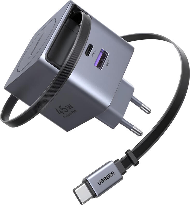 UGREEN X614 Nexode Pro 45W GaN Wall Charger, 3-Port USB-C and USB-A, Integrated 0.7m Retractable USB-C Cable, Super Fast Charging 2.0 PPS 5A, EU Plug