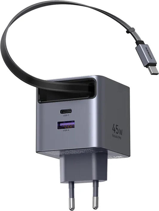 UGREEN X614 Nexode Pro 45W GaN Wall Charger, 3-Port USB-C and USB-A, Integrated 0.7m Retractable USB-C Cable, Super Fast Charging 2.0 PPS 5A, EU Plug