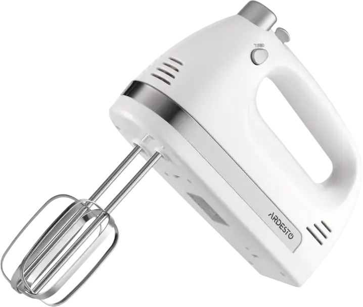Ardesto HMC-3000W Hand Mixer, 300W Copper Motor, 5 Speed Settings with Turbo Mode, Plastic Housing, White, Set of 4 Attachments (2 Beaters, 2 Dough Hooks)