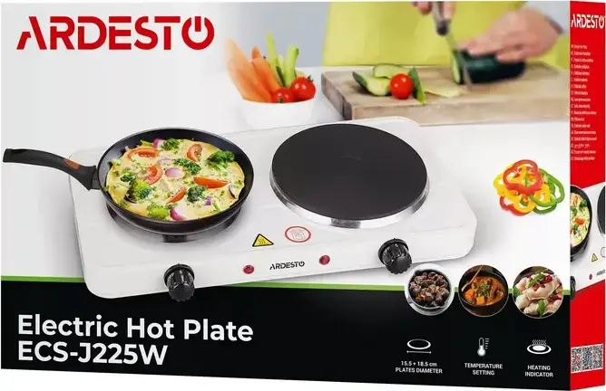 Электрическая плитка Ardesto ECS-J225W, 2 чугунные конфорки, 2.5 кВт, эмалированная сталь, 5 уровней мощности, Белый