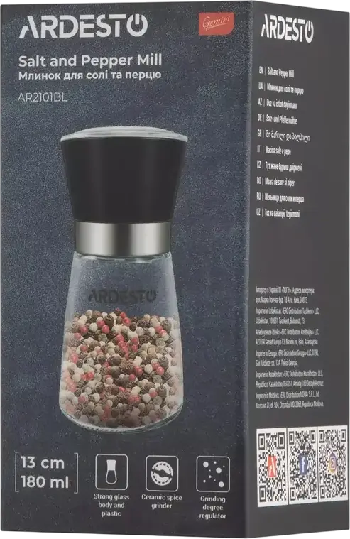 Ardesto Gemini AR2101 Salt and Pepper Mill, Black, 180ml, 13cm, Ceramic Grinder, Adjustable Grinding Degree, Glass Body, 1 Piece
