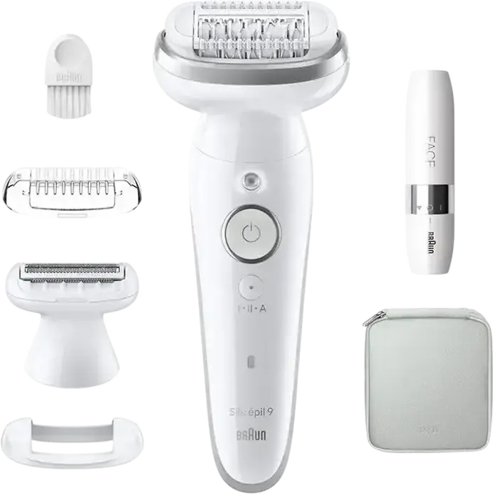 Эпилятор Braun Silk-épil 9 SES9341, белый, для влажного и сухого использования, 40 пинцетов, гибкая головка, массаж, бритье, тримминг, набор из 6 предметов