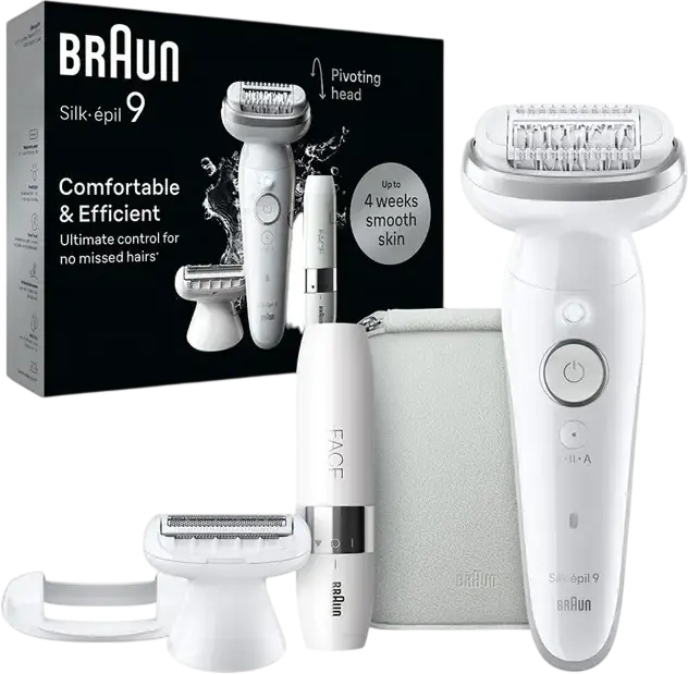 Эпилятор Braun Silk-épil 9 SES9341, белый, для влажного и сухого использования, 40 пинцетов, гибкая головка, массаж, бритье, тримминг, набор из 6 предметов