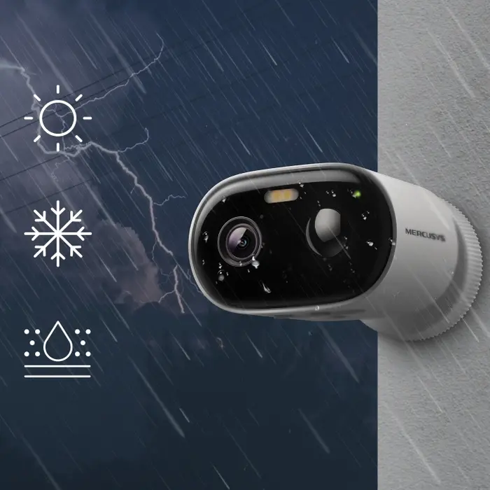 Mercusys MC410 Outdoor Battery Powered Security Camera, 2K 3Mpix Resolution, IP65 Weatherproof, 5200mAh Rechargeable Battery, Dual-Band Wi-Fi, White