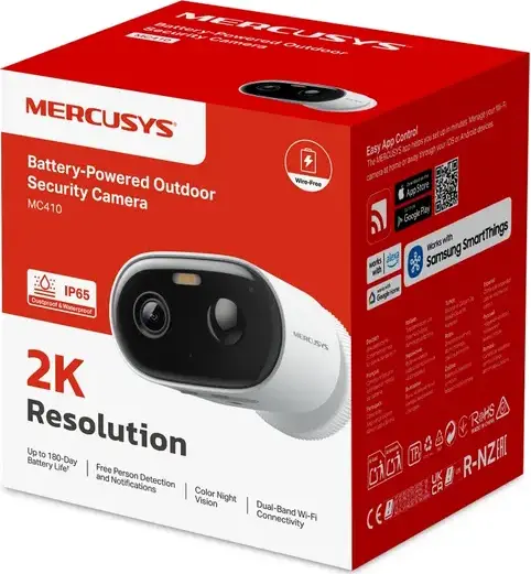 Mercusys MC410 Outdoor Battery Powered Security Camera, 2K 3Mpix Resolution, IP65 Weatherproof, 5200mAh Rechargeable Battery, Dual-Band Wi-Fi, White