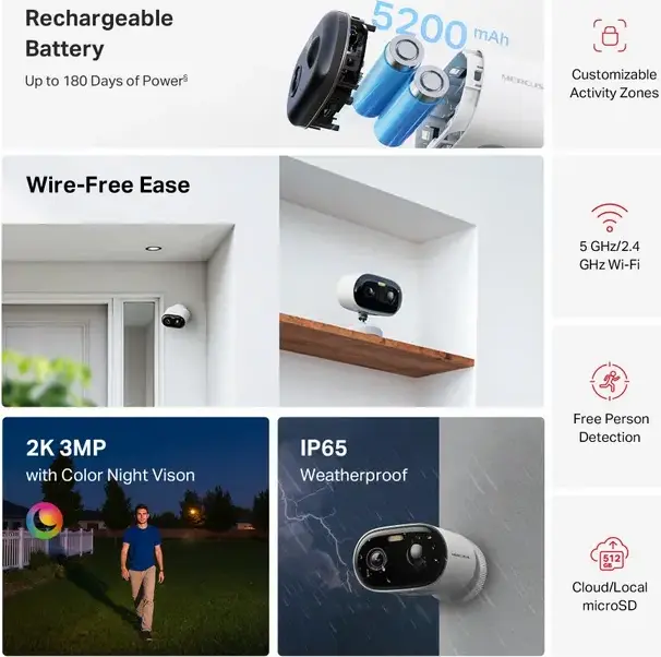 Mercusys MC410 Outdoor Battery Powered Security Camera, 2K 3Mpix Resolution, IP65 Weatherproof, 5200mAh Rechargeable Battery, Dual-Band Wi-Fi, White