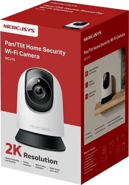 Mercusys MC210 Indoor Pan/Tilt Wi-Fi Security Camera, 3MP 2K Resolution, 360° View, Night Vision, Two-Way Audio, Motion & Person Detection, White
