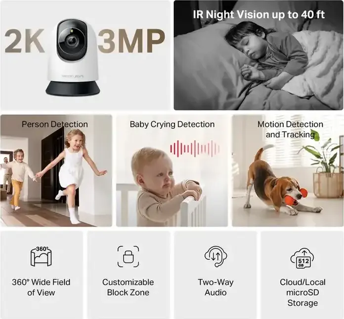 Mercusys MC210 Indoor Pan/Tilt Wi-Fi Security Camera, 3MP 2K Resolution, 360° View, Night Vision, Two-Way Audio, Motion & Person Detection, White