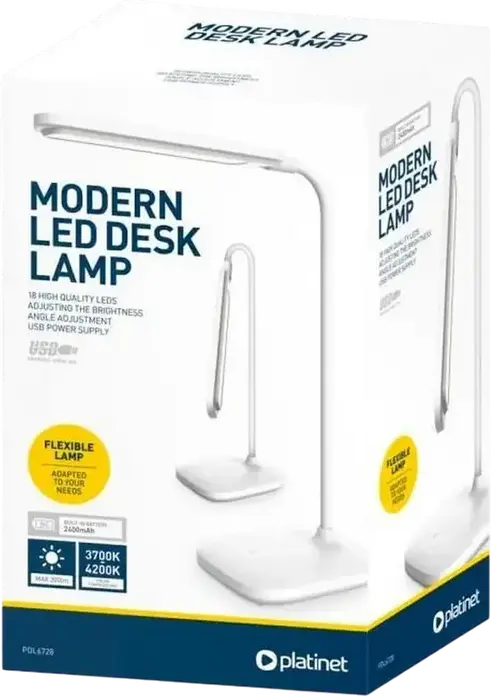 Platinet PDL6728 LED Desk Lamp, 18 LEDs, 4W, 200 Lm, 2400 mAh Battery, USB Power, Touch Control, Adjustable Brightness and Angle, White ABS Plastic