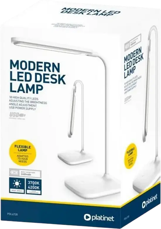 Platinet PDL6728 LED Desk Lamp, 18 LEDs, 4W, 200 Lm, 2400 mAh Battery, USB Power, Touch Control, Adjustable Brightness and Angle, White ABS Plastic