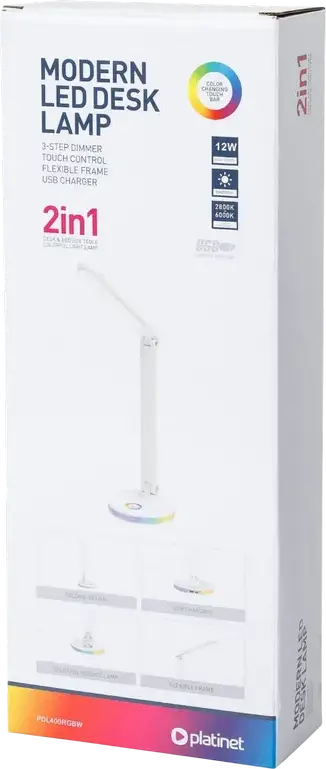 Platinet PDL400RGB LED Desk Lamp, 12W, 500 Lm, 2800-6000K Adjustable Color Temperature, RGB Lighting Ring, Integrated USB Port, White ABS Plastic