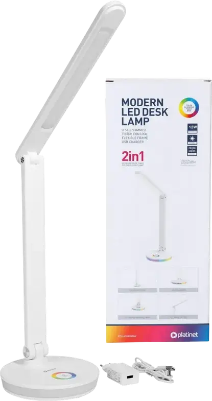 Platinet PDL400RGB LED Desk Lamp, 12W, 500 Lm, 2800-6000K Adjustable Color Temperature, RGB Lighting Ring, Integrated USB Port, White ABS Plastic