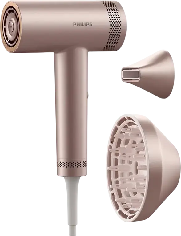 Philips BHD837/10 Hair Dryer, 1400W, ThermoShield Technology, Digital Temperature Display, Ionization, 7 Temp Settings, Pink, with Diffuser and Concentrator
