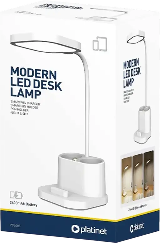 Platinet PDL008 LED Desk Lamp, 5W 200Lm, 3 Color Temperatures, 3 Brightness Levels, 2400mAh Battery, USB Charging, Pen and Smartphone Holder, White